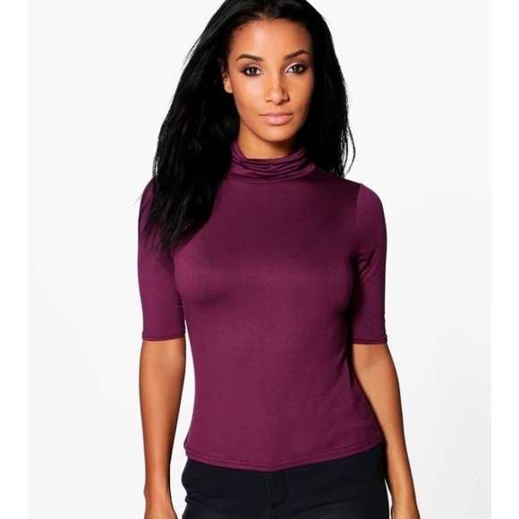 NWT Boohoo Lara Turtle neck Short Sleeved Top in wine sz 8 - Picture 1 of 9